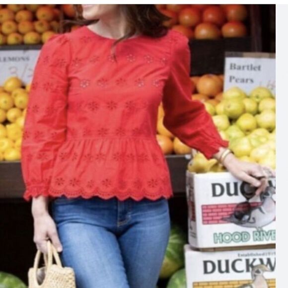 Madewell Eyelet Keyhole Peplum Top  Red Sz S - Picture 1 of 8